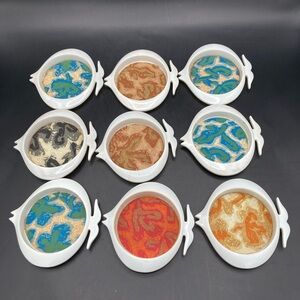 Vintage Fish-Shaped MCM Plastic Coasters Set Of 9 MOD Coated Fabric Centers